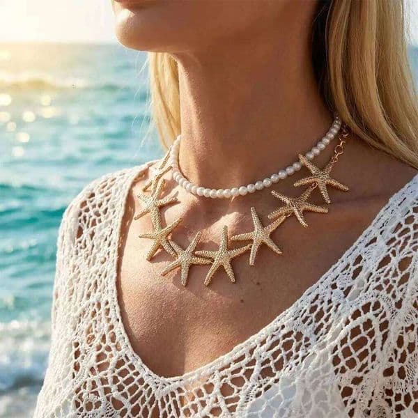 Exaggerated Starfish Chain Necklace for Women Bohemian Imitation Pearl Double Layer Choker Girl Beach Party Vacation Jewelry