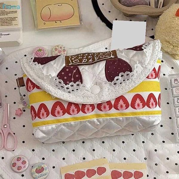 Cute Strberry Print Cosmetic BagHappy Birthday Embroidered Makeup PouchLace Trim Storage Organizer for GirlsWomen J260608