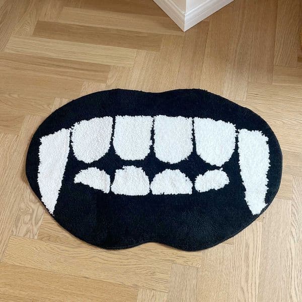 Halloween Spooky Devil Teeth Shag Rug - Black Flocked Plush Carpet Non-Slip Floor Mat Halloween Party Bedroom Decor D260608