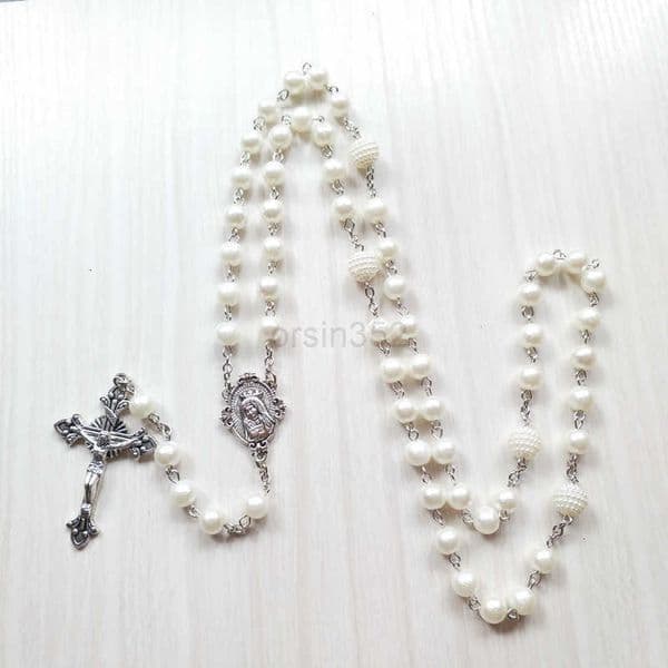 Pearl QIGO White Long Acrylic Catholic Necklace Cross Pendant Rosary Necklace Religious JewelryR260609