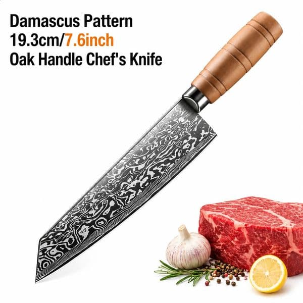 Damascus pattern kitchen knife 4Cr13 stainless steel three-edge knife with wooden handle suitable for cutting meat and vegetable 260605