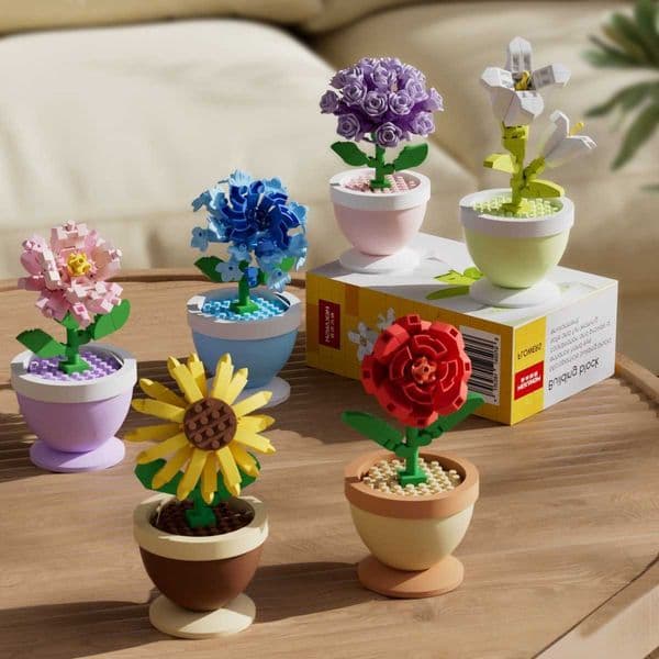 micro Vase-shaped block set with purple bubbles hibiscus bellflowers roses carnations sunflowers Restic H2606098RNP