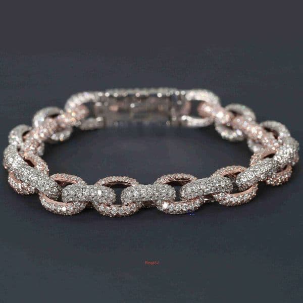 Hip Hop Moissanite Diamond Link Chain Bracelet in 14kt Rose and White Gold with VVS Clarity New Trendy Jewelry for Men