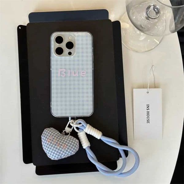 checkered letter Blue phone case with the same blue love pendant phone strap For iPhone 11 12 13 14 15 pro max Z260609