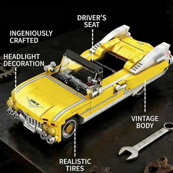 Convertible Yellow Vintage Car Building Blocks Set with Display Stand Classic Retro Vehicle Model Collectible Desktop Decor Z260609
