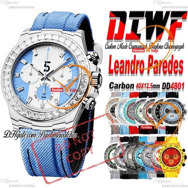 DIW LEANDRO PAREDES DD4801 Automatic Chronograph Mens Watch DIWF 40 White Carbon Case Diamonds Bezel Blue Dial Nylon Puretimewatches Forged CHS Reloj Max Version