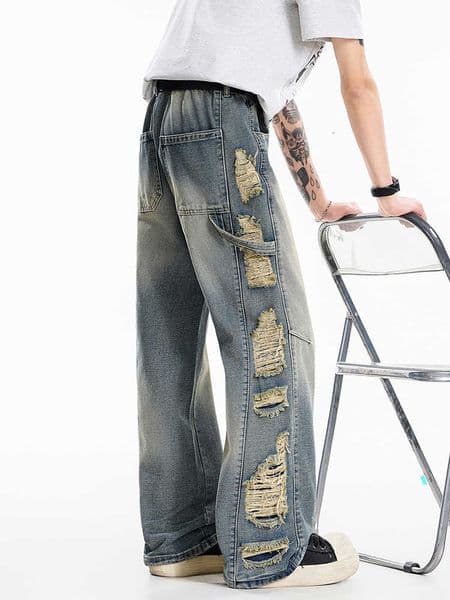 Distressed Vintage Wash KSTUN Mens Ripped Jeans Loose Straight Leg Pants Elastic Waist Streetwear Destroyed Side Fringe Details M260609