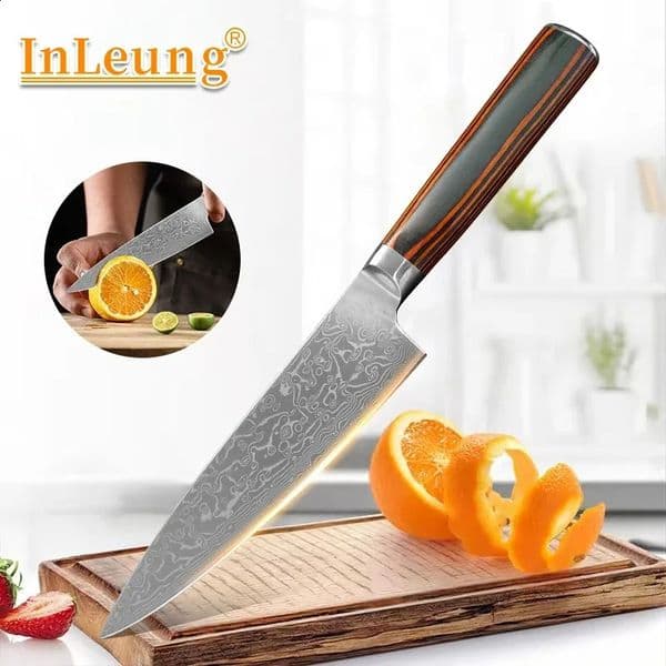 Damascus Knife Kitchen Knife Chef Cleaver Meat Vegetable Steak Cutting Barbecue Knife Wooden Handle Utility Cooking Tools 260608