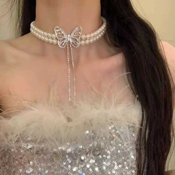 Tassel Pearl Layered Necklace Butterfly Women Fairy Princess Light Luxury Elegant Double Strand Choker Versatile Collarbone GiftR260609