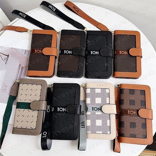 Luxury Wallet Flip Leather Phone Case for iPhone 17 Air 16 Pro Max 15 14 Plus 13 12 11 Pouch Anti-drop Strap Flower Designer Cover Samsung Galaxy S26 Ultra S25 S24 S23 S22