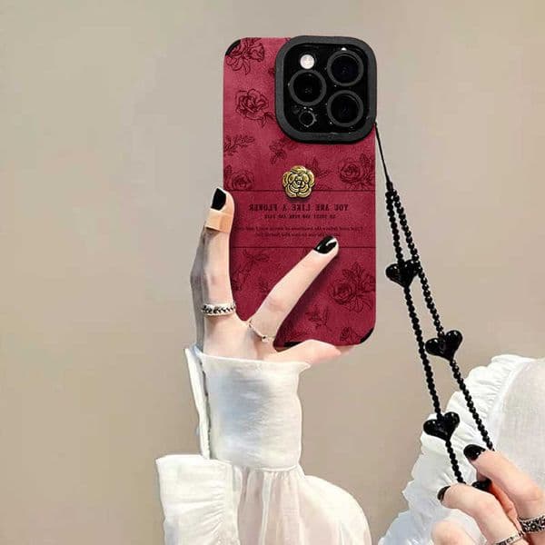 3D Camellia Flower Bracelet Case for Apple 16 Pro 15 Suede 14 Soft Silicone 13 Full Protection Anti-drop X L260609
