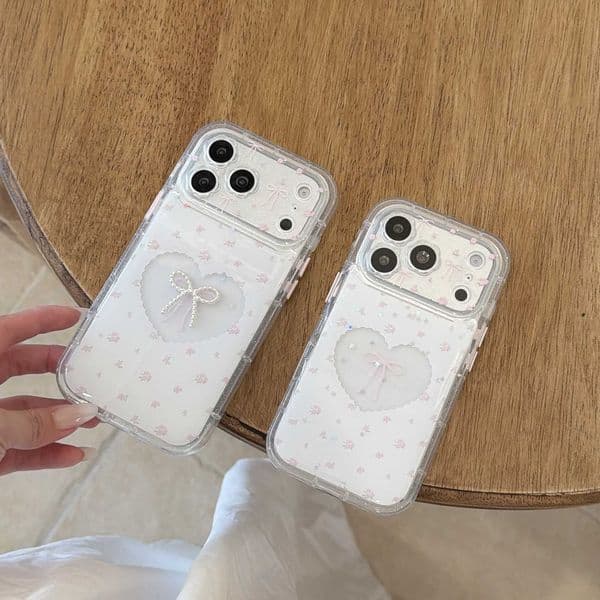 Ins Sparkling Korean Tiny pink Florals Bead Bow Love Heart Bracelet Phone Case for iPhone 17 16 15 14 13 Pro Max Back Cover Fund Z260609