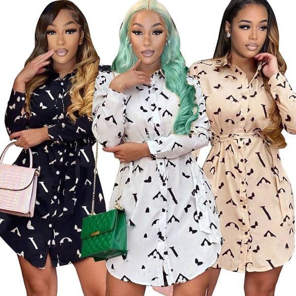 Designer Dress Womens Luxury Geometric Letter Print Shirt Dress Long Sleeve Button Down Waist Belted Casual Mini Dress Button Front A-line