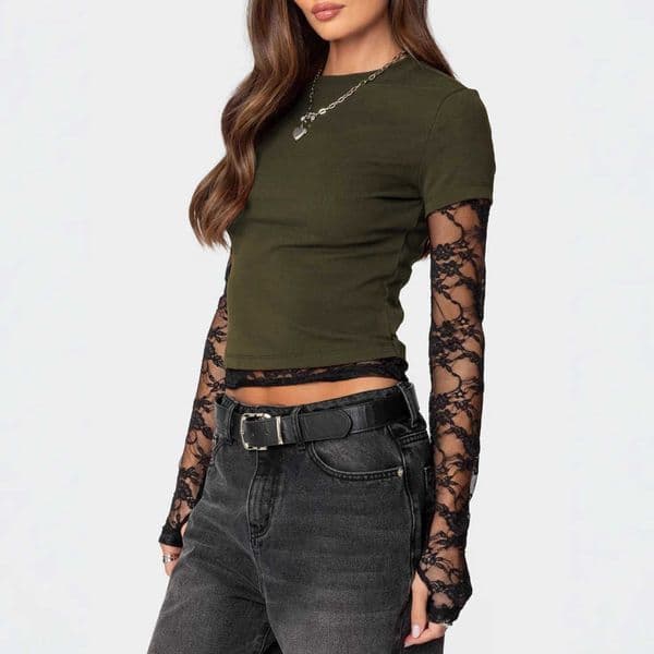 Womens Y2K New Womens Lace Splicing Sleeve Fake Two piece Long Sleeve Round Neck T-shirt L260609