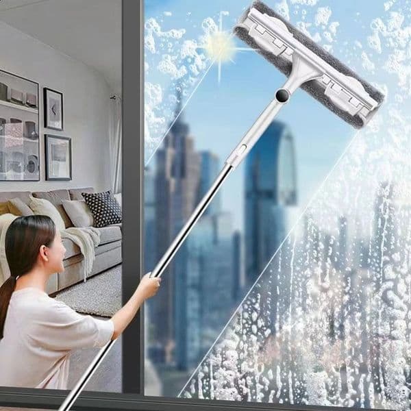 2-in-1 Glass Scrubber and Wiper on Telescopic Pole Long Reach Window Washing Tool for Home Use Easy Cleaning 260609
