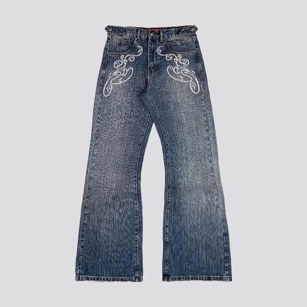 Men's Jeans Y2k Blue Opening Bootcut Vintage Washed Embroidery Men Women Pants Harajuku High Street Streetwear Unisex Casual