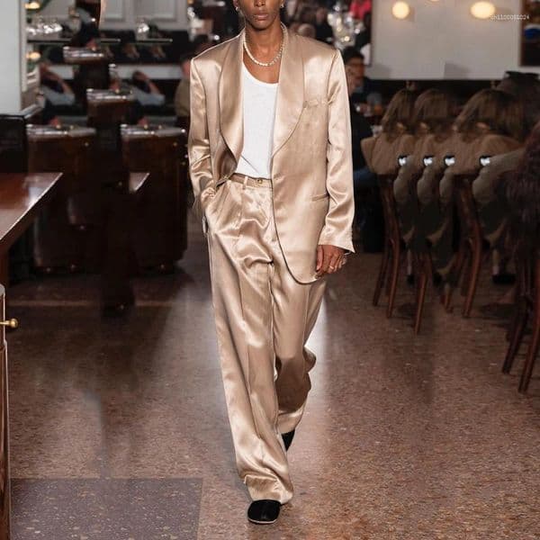 Men's Suits Fashion Satin One Button Shawl Lapel Men 2 Pieces Set (Jacket Pants) Wedding Evening Party Daliy Casual Male Clothing