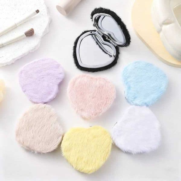 1pc Heart Shape Plush Double-sided Makeup Mirror Portable Folding Loose Powder Makeup Mirror Valentines Day Gift for Girlfriend C2606091