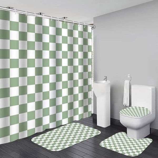 4-Piece Plaid Retro Shower Curtain Set With Non-Slip Bath U-Shaped Mat, 12 Hooks, Waterproof Fabric, Green