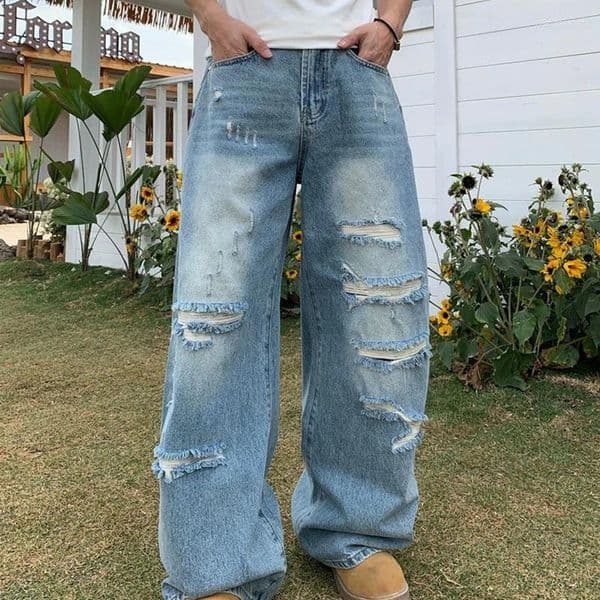 Men's Jeans Ripped Washed Straight Wide-leg Y2K Streetwear Cleanfit Blue Baggy Denim Pants Hip Hop Punk Fashion Jean Trousers
