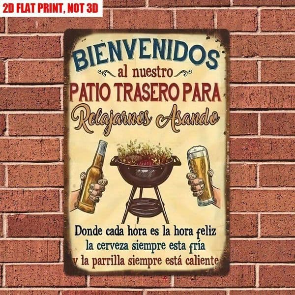 (2D painting)HD Metal Tin Sign Vintage Spanish Backyard BBQ Beer Grilling Wall Decor for Patio Man Cave Home Decoration J260609