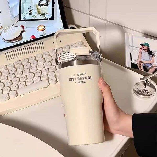 20oz Double Drink Thermos Large Capacity Vacuum Insulation Thermal Bottle Ice Bully Straw Water Cup Portable Car Coffee Mug 26L0609