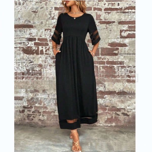 Popular cross-border foreign trade new hot-selling plus-size women's dress with three-quarter sleeves, mesh round neck, and patch pockets