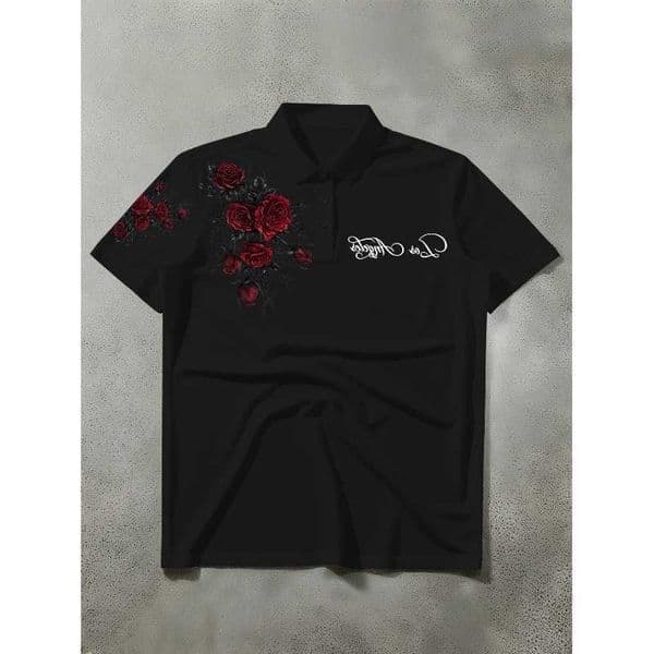 Mens Short Sved Polo Shirt with Red Rose Thorn Print Casual Trend Suitable for Both Men and Women Summer New Style T-shirt L260609