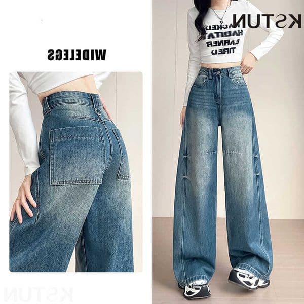 Wide KSTUN Vintage High Street Leg Jeans For Women High Waist Baggy Pants Female Straight-leg Denim Trousers Trendy Patchwork M260609
