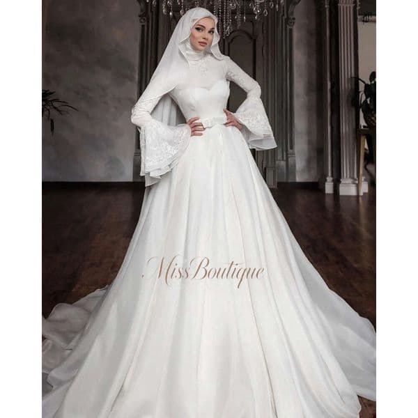 Modest Hijab Muslim Wedding Dresses High Neck Long Sleeves White Lace Appliques Beaded A Line Islamic Bridal Gowns With Bow Sash Q69