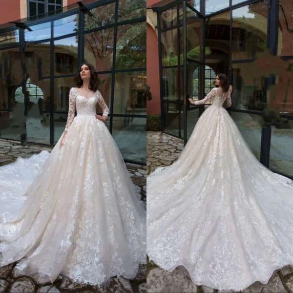 Appliques Embroidery With Scalloped Neck A Line Dress Full Long Sleeve Corset And Button Vintage Wedding Gown BC21360