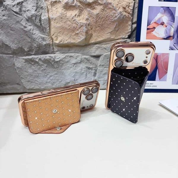 Change to iphone17 Card Slot Bracket Luxury Glitter Diamond Case for iPhone 17 16 13 14 15 Pro Max Plating Lens Film Cover J260609