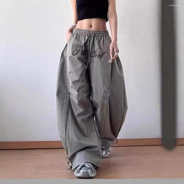 Women's Pants Paratrooper Cargo For Women Summer Style Drapey Wide-Leg Scimitar American-Style Gray Letter Embroidery Pleated Jazz