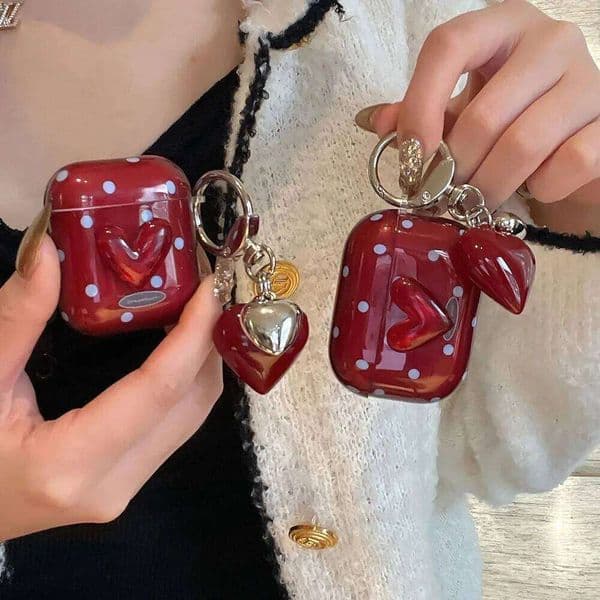 3D Red Love Heart Round Dots Pendant Keychain Case Cover for AirPods 1 2 3 4 Air Pods Pro 2nd Wireless Earphone Protective Cases 26W0609