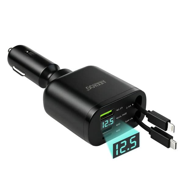 5 in 1 Retractable Car Charger Adapter, 90W Fast USB-C Car Phone Charger with Built-in Retractable Cable 2.2ft, 360° Adjustable & LED Voltage Display, Ideal Gift for Men Women