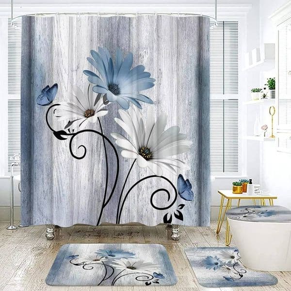 4-Piece Blue Daisy Flower Waterproof Blackout Polyester Shower Curtain Set, With 12 Hooks, 71X 71Inch , Bathroom Decoration