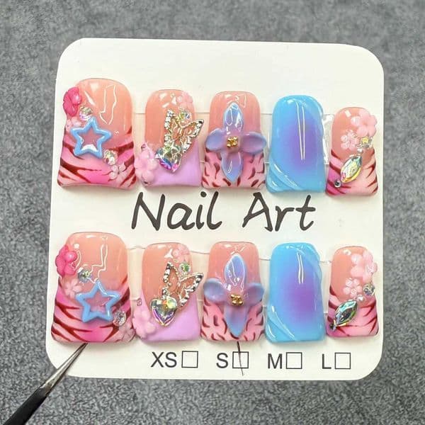 10pcs Handmade Fake Nails Duckbill Shaped Press On Nails Colorful Leopard-print French False Nails With 3D Carved Flower DesignsT260609