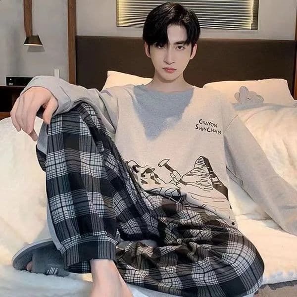 Pajamas Men Long Sleeves and Trousers Spring Autumn Style Simple Breathable Nightwear Student Youth Loungewear Sleepwear 260605