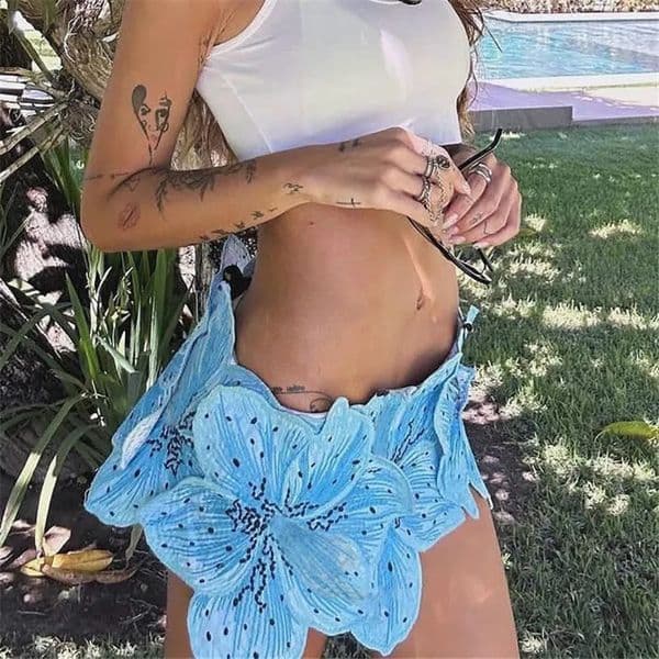 Womens Summer Turquoise Mini Skirt 3D Textured Floral Petal n Casual Slim Fit Low Rise Short Y2K Streetwear 260609