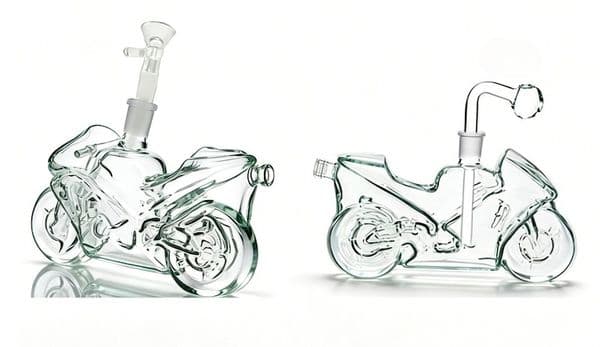 Wholesale Travel Newest Design Motorcycle Shape Clear water tobacco bong pipe Thick heady 14mm glass oil burner pipe with smoking Downstem banger bowl