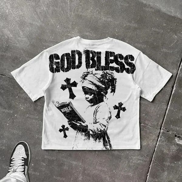 God Bless rens Prayer Graphic Print Cotton Tshirt Men Women High Quality Tops Vintage Style T Shirt Outside Streetwear 260527