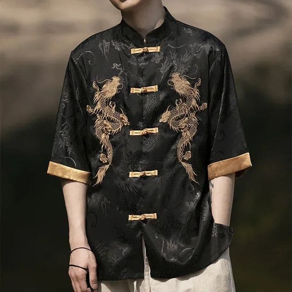 High Quality Summer Chinese Traditional Dress Dragon Embroidery Shirt Men Clothing Ice Silk Half Sleeve Vintage Tops Plus Size 260609