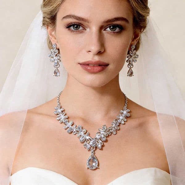 Rhinestones Flower 2 Chokers Pcs Necklaces Set for Women Girls Gentle Water Drop Dangle Earrings Gifts for Banquet Wedding AR260610