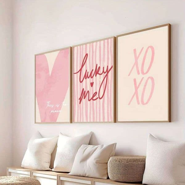 3pcs/set Pink Striped Heart Lucky Me Canvas Print Y2k Preparatory Wall Art Poster Valentine's Day Coquette Aesthetics Home Decor 26L0610