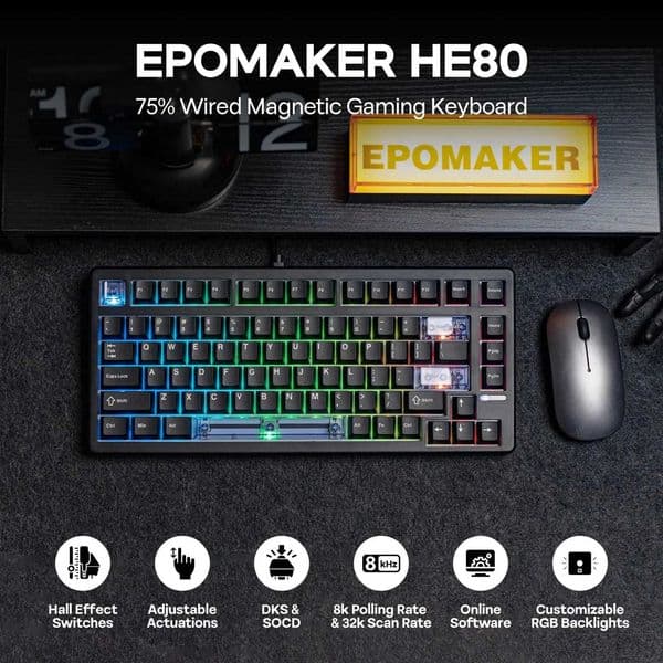 EPOMAKER HE80 Hall Effect Gaming Keyboard 8K Polling 32K Scan Creamy Gasket DKS SOCD Hot-Swappable RGB Backlit Z260609