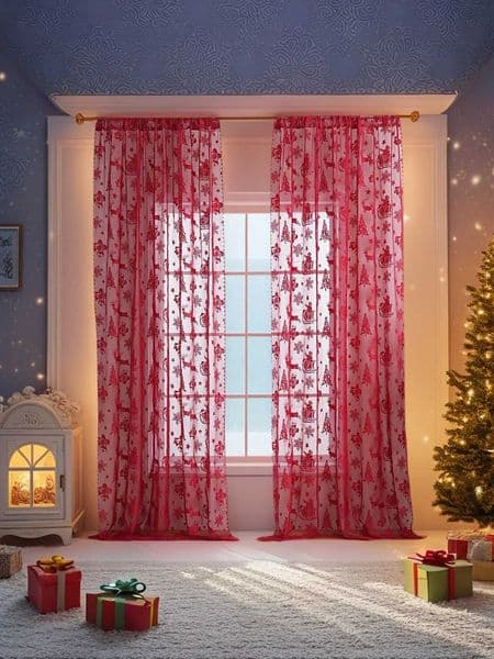 Sheer Curtains American Red Lace Sleigh Santa Christmas Curtains for Living Room Bedroom Window Festive Atmosphere Decorative L260610