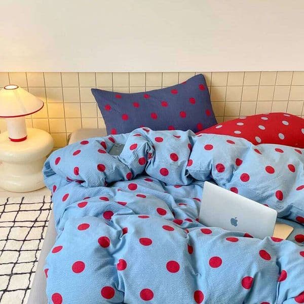 Red Blue Polka Dot Bedding Set Retro Aesthetic Soft Washed Cotton Duvet Cover Pillowcases Queen/King Size for Cozy Bedroom Dorm 26L0610