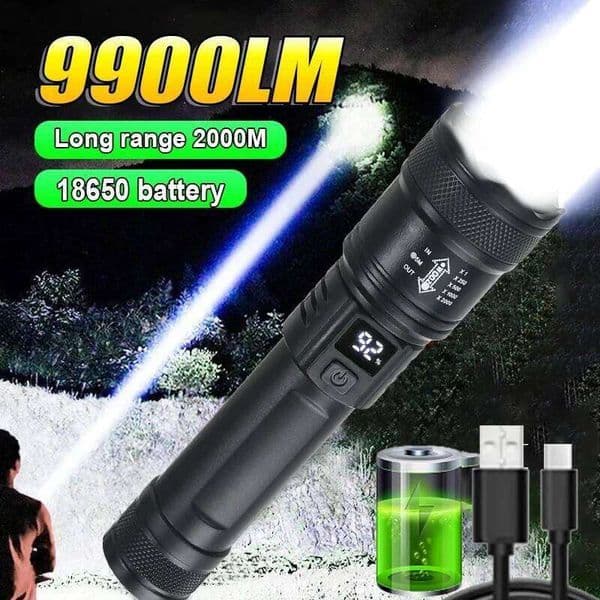 High Strong Power Led Flashlights 2000LM Tactical Torch with Display Light USB Charging Camping Fishing Emergency Zoom Lantern 26L0610