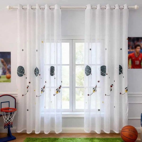 Sheer Curtains Cartoon Outer Space Rocket Embroidered Voile Curtain For Kids Bedroom Living Room Sheer Window Drapes Luxury Children Tulle 20D3 L260610