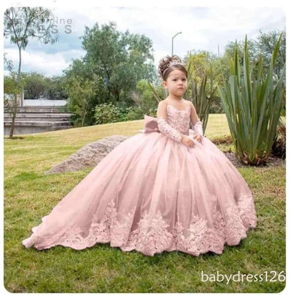Lace Appliques Flower Girl Dresses For Wedding Full Sleeves Princess First Communion Dress Toddlers Long Birthday Party Gowns Z10